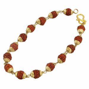 Handmade Bracelet of Rudraksha Bead in golden brass Caps