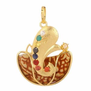 Ganesh Navratan Pendant, 1 Face Rudraksha Synthetic Brass Rhodium in Gold Plated