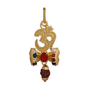 Navratan Rudraksha Om Pendant Golden Brass Made of Gemstone