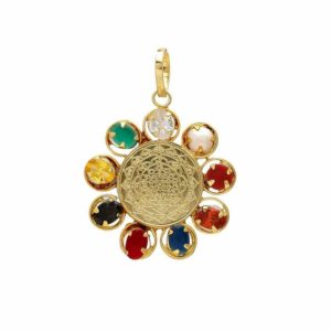 Shri Yantra Navratan Navgrah Gold Rhodium Plated Synthetic Gems Real Pearl Brass