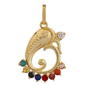 Navratan Ganesh Om Locket Pendant with Golden Brass Gemstone