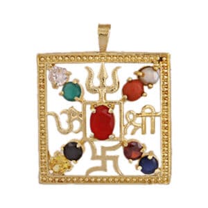 Handmade Navratan Ruby Four Symbol Pendant Golden Brass Made with Gemstones