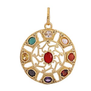 Navratan Round Fashion Pendant Golden Color Brass Casting Synthetic Stone