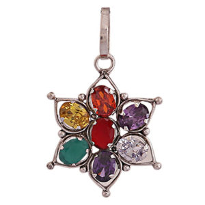 Navratan Snowflakes Fashion Pendant with Silver Color Brass Casting Synthetic Gems