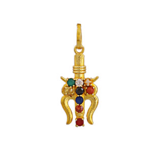 Navratan Trishul Shiv Locket Pendant with Golden Brass Synthetic Gemstone