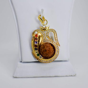 Gold Plated Semi-Precious Gemstone Navratan Rudraksha Om Design Ganesh Pendant