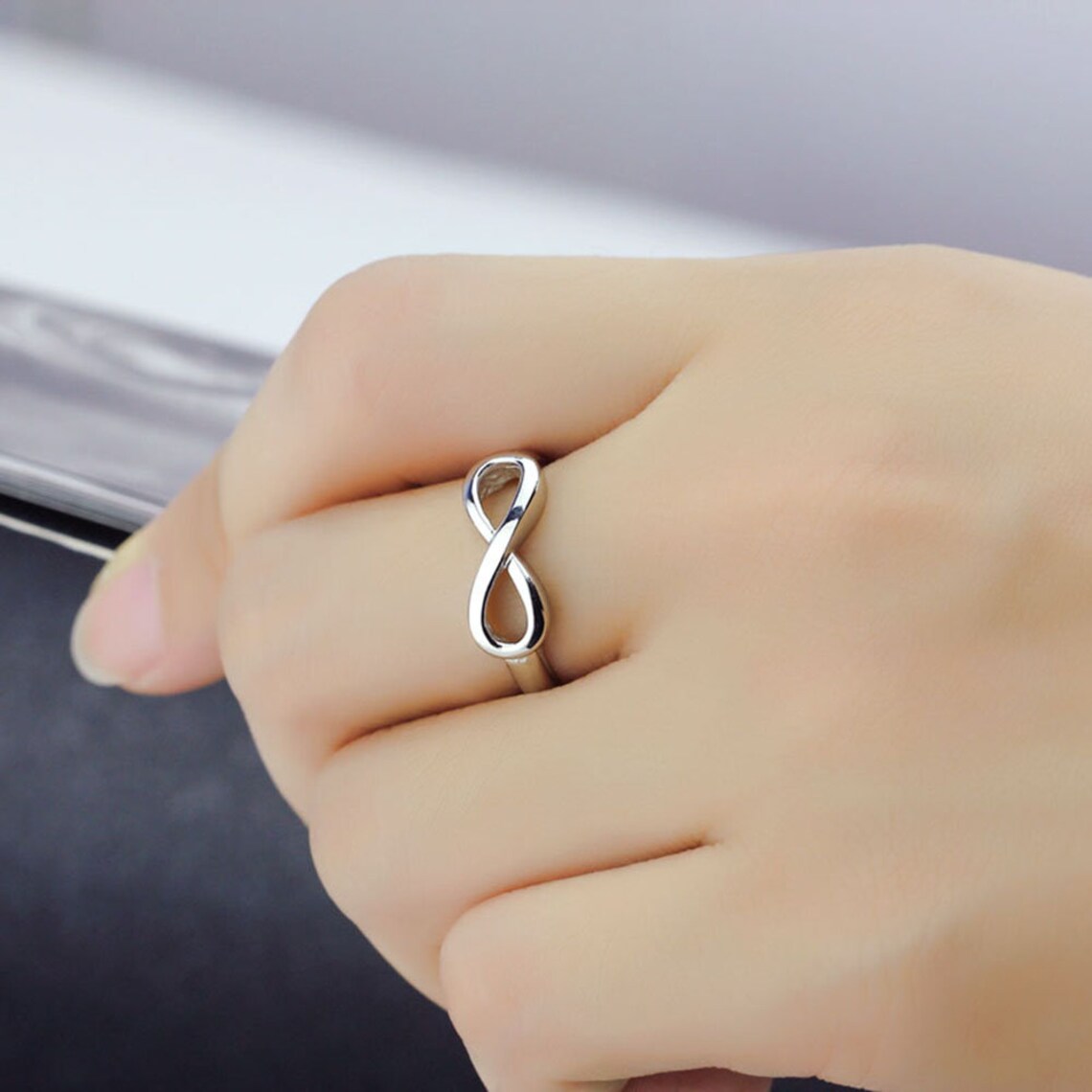 Aemorio Rhodium-Plated Silver Infinity Adjustable Ring