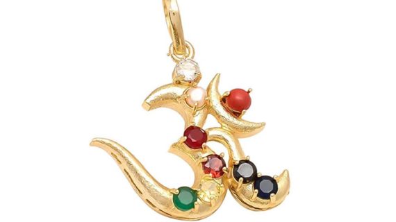 Om Gold & Rhodium Plated Navratan Pendant / Locket for Men & Women