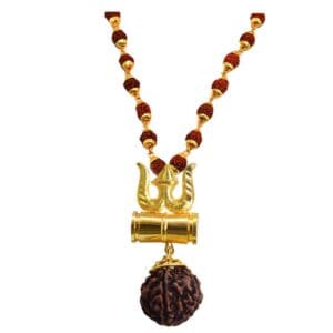 Natural Rudraksha Damru Trishul Locket with 5 Face Rudraksha Mala